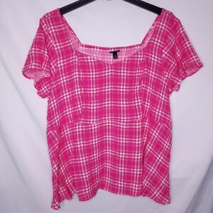 Torrid Top 4X Plaid Pink Peplum Challis Sweetheart Flutter Sleeve